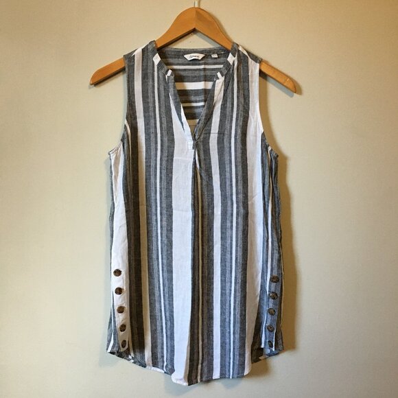 Vertical Barcode Stripe Button Accent Linen Tunic Tank Top - Picture 2 of 14